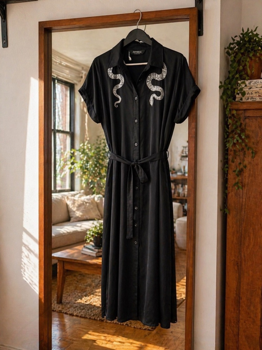 Disturbia Black Button-Front Shirt Dress with Snake Detail 🐍